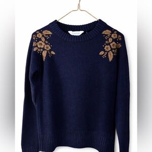 Aventura Merino Wool Blend Sweater Navy Blue w/ Embroidered Floral - Size Small